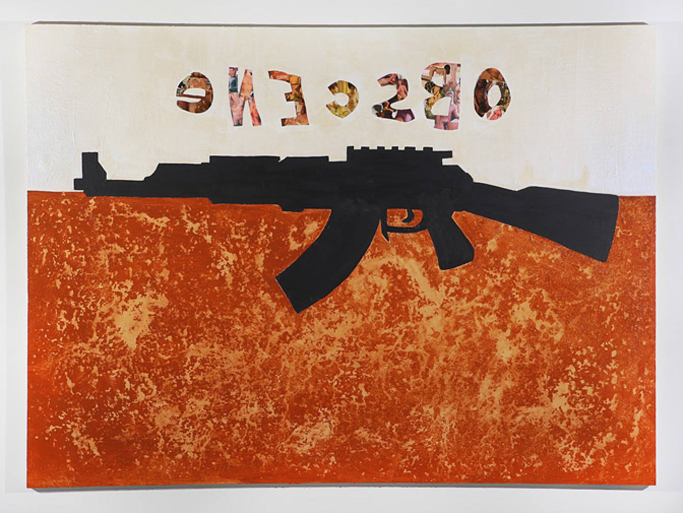 We Train Young Men To Drop Fire On People - (detail)
2010, collage, sand, sawdust, cement, acrylic on canvas, 167.64 x 228.6 cm
(66 x 90 in)
