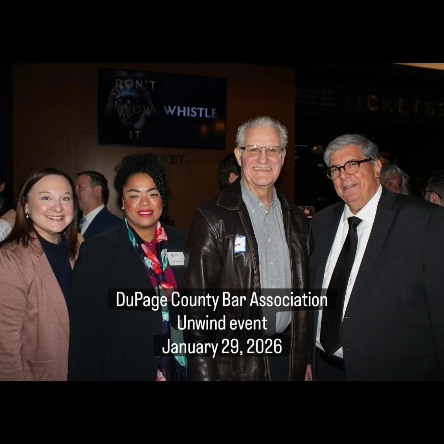 1.29.2026 DuPage County Bar Association at Studio Movie Grill in Wheaton for an evening Unwind event.

📸 1: (L-R) Emily Masalski, @niucol 1L Dejah Smith, Hon. Joseph Birkett, and Hon. Richard Felice
📸2: (L-R) Hon. Sonni Choi Williams, Emily Masalsk