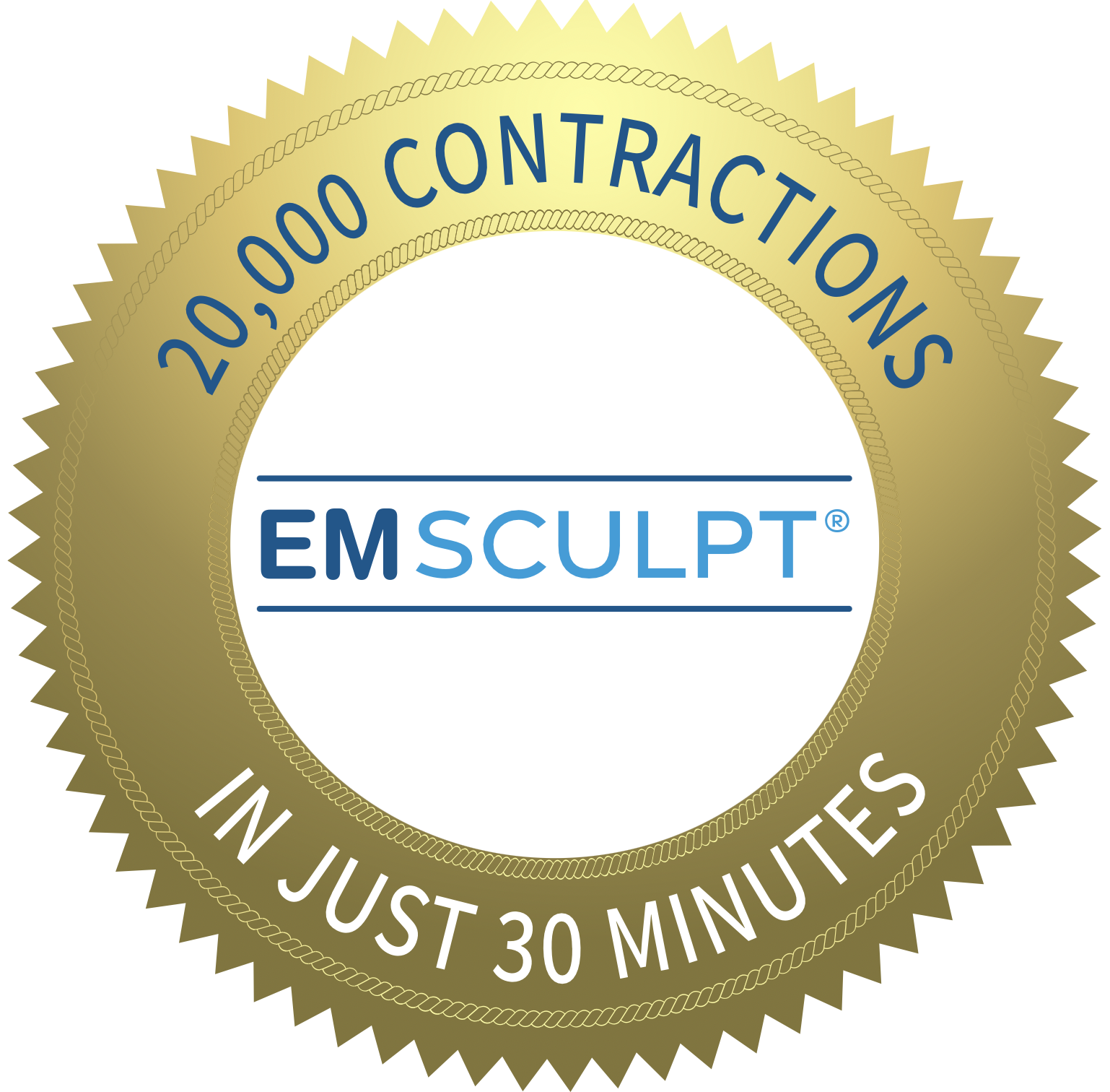 Gold seal badge with blue and white text that says '20,000 Contracts' at the top and 'In Just 30 Minutes' at the bottom, with the brand name 'Emsculpt' in the center.