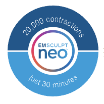 Circular logo for EMSculpt Neo with text '20,000 contractions, just 30 minutes.'