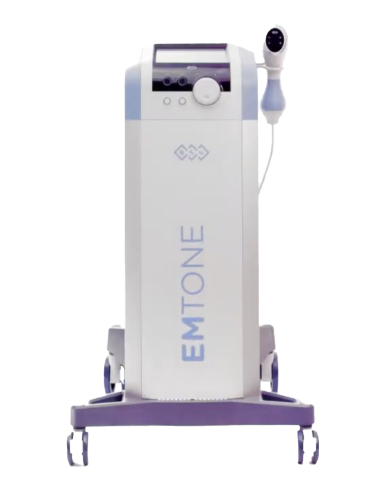 Medical device with a handheld scanner attached, labeled "EMTONE" on a white and gray cart with wheels.