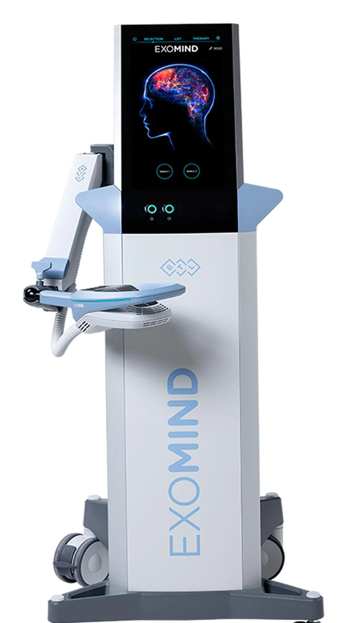 Medical device with a tall screen displaying a graphic of a brain and the words "ExoMind" with two options for scans, mounted on a stand with wheels.