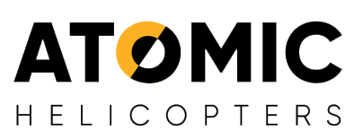 Atomic Helicopters logo with black and orange design