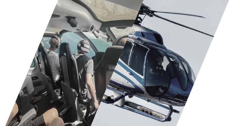 Helicopter interior with passengers and exterior view of a flying helicopter
