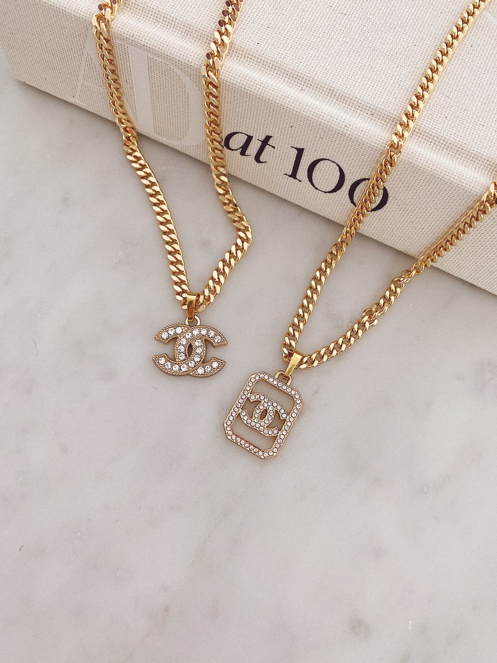 Authentic Chanel Half Crystal, Half Faux-Pearl Pendant | Reworked Gold  17-19 Necklace
