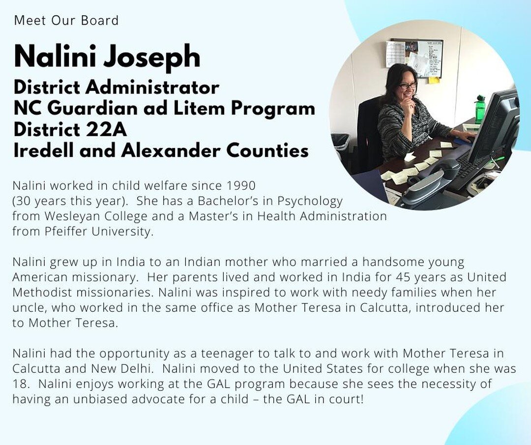 CAIAC proudly presents Nalini Joseph in the Meet Our Board Series.  She works every day to make a better world.  Let's get to know her!  #leadership #childadvocates #GaL_Proud #community_leader