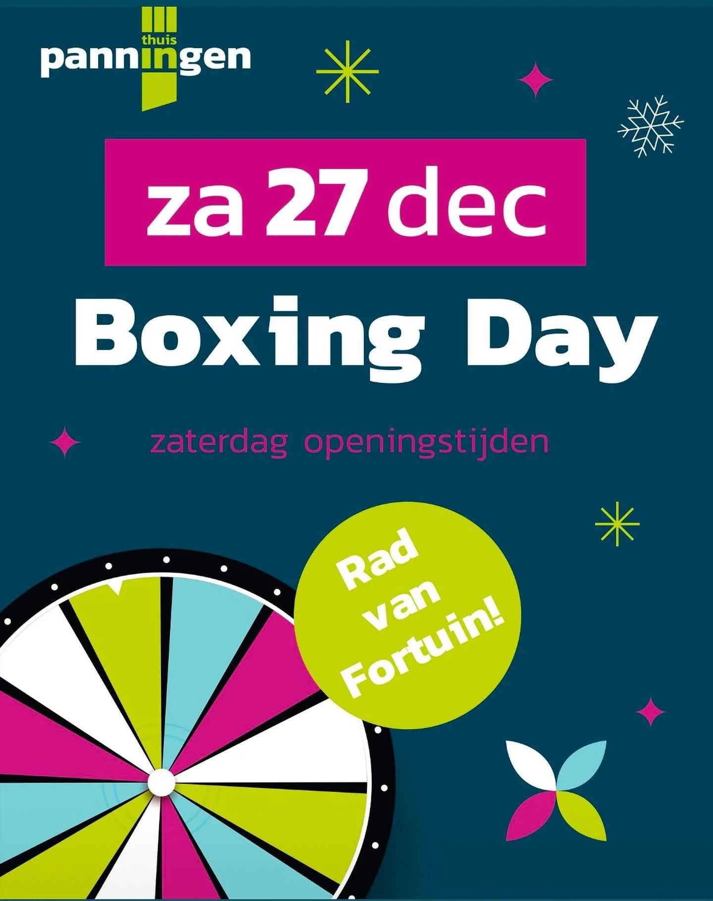 Boxing weekend openingstijden 

Zaterdag 10-17
Zondag 13-17

20% korting op de *gehele collectie 

*muv de nieuwe collectie