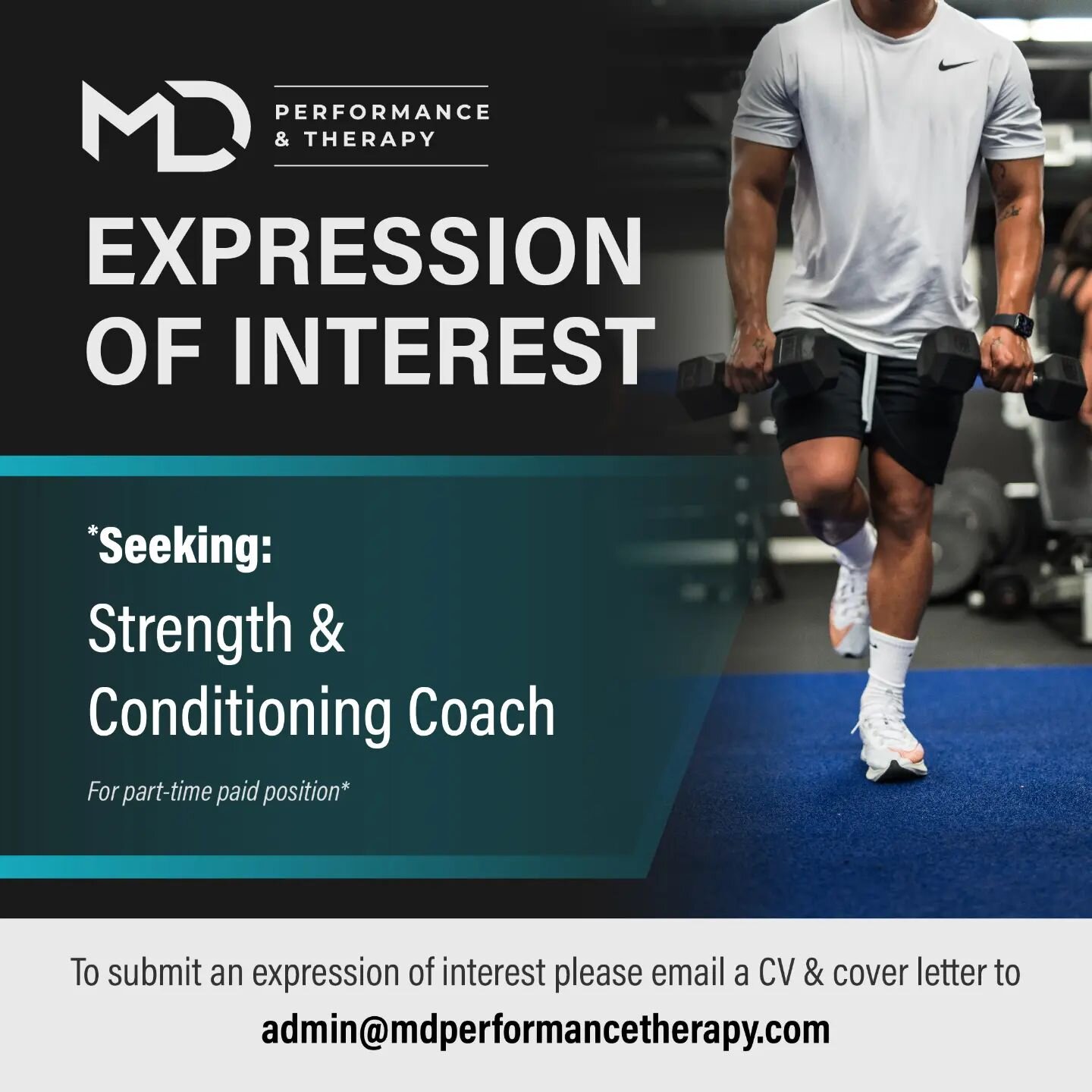 Seeking expressions of interest from suitably qualified practitioners for the following role at MD Performance &amp; Therapy:

⬜️ Strength &amp; Conditioning Coach

The ideal candidate will be passionate, ambitious and eager to learn and develop as a