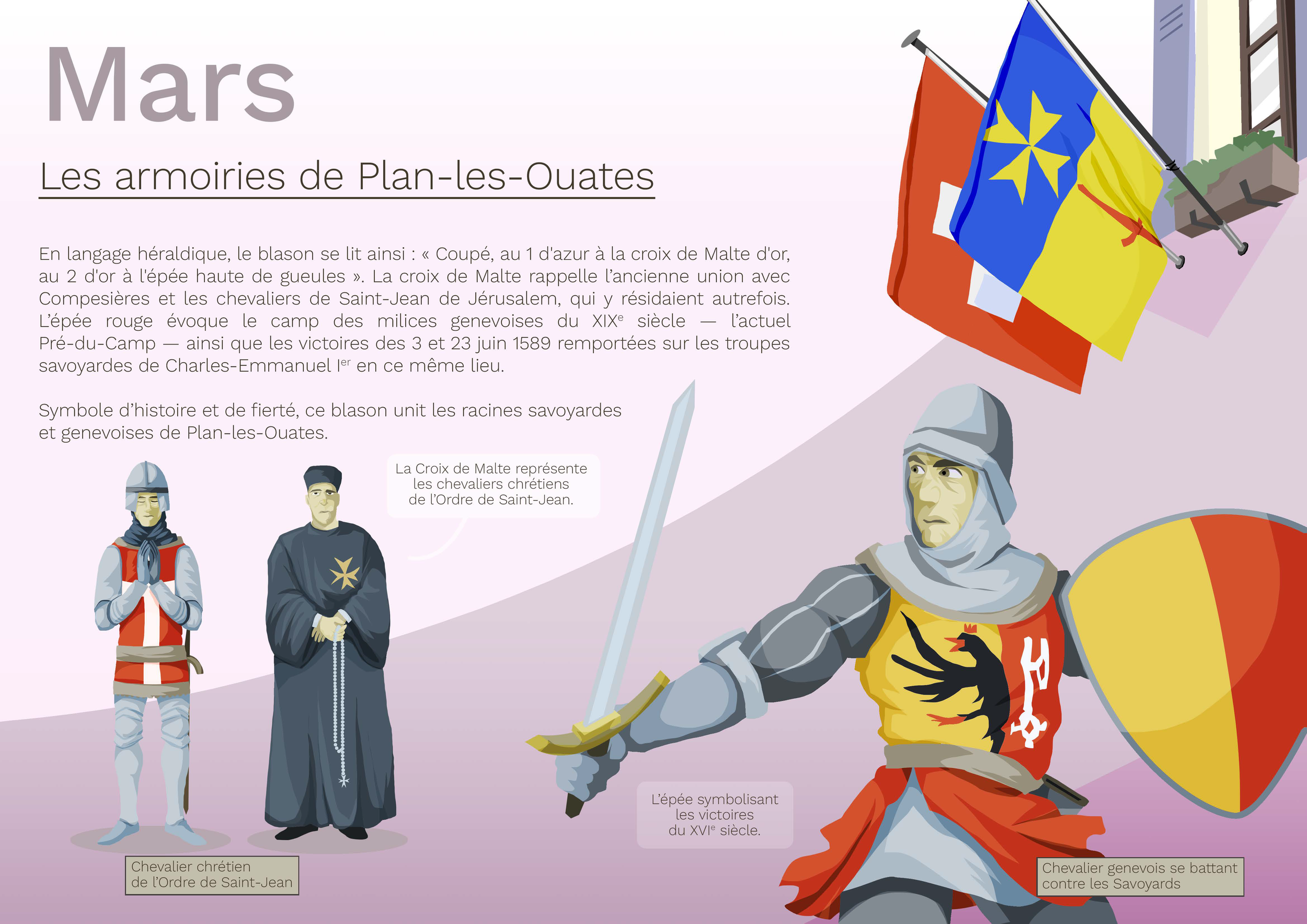 Une illustration représentant les armoiries de Plan-les-Ouates, montrant une bannière avec les drapeaux de la France, de l'Europe et de la Suisse, ainsi que des figures de chevaliers et de symboles historiques.