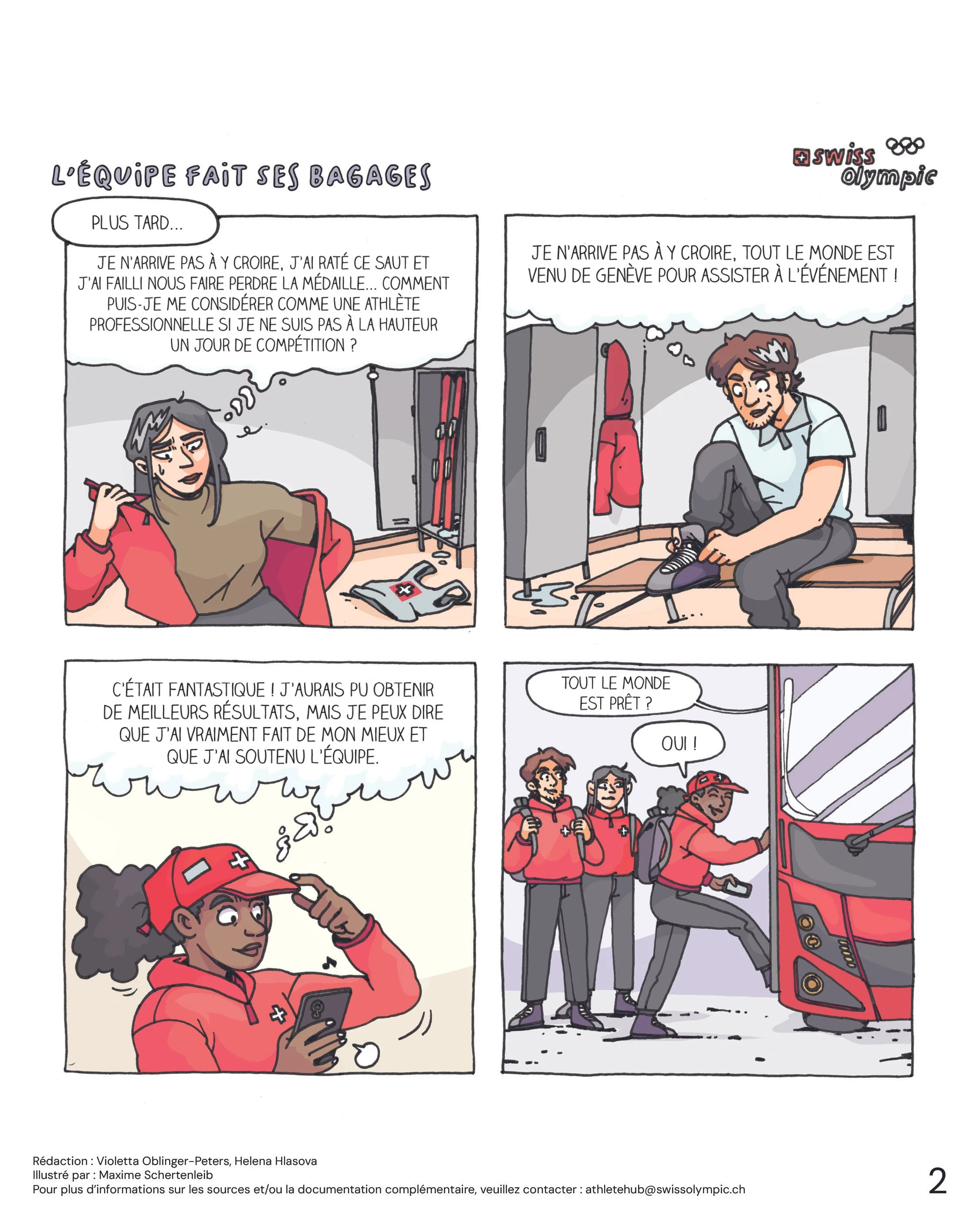 Une bande dessinée avec quatre panneaux illustrant une équipe sportive en train de se préparer pour une compétition olympique. Les personnages discutent de leur performance, de leur motivation et de leur état d'esprit avant l'événement.
