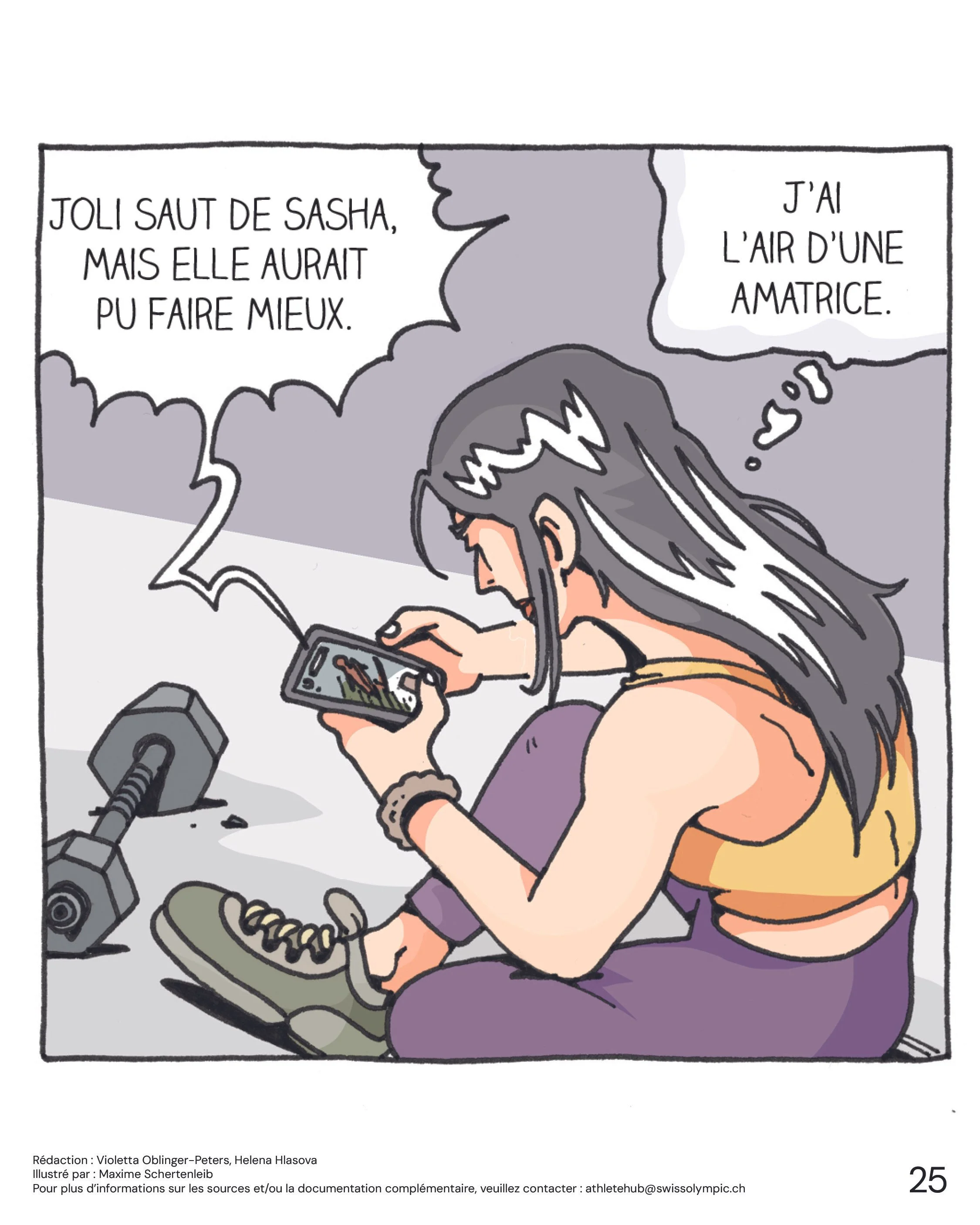 Une femme assise par terre, utilisant un téléphone portable et portant des vêtements de sport, avec une haltère à côté d'elle et une chaussure à l'avant-plan. Elle semble fatiguée ou triste.