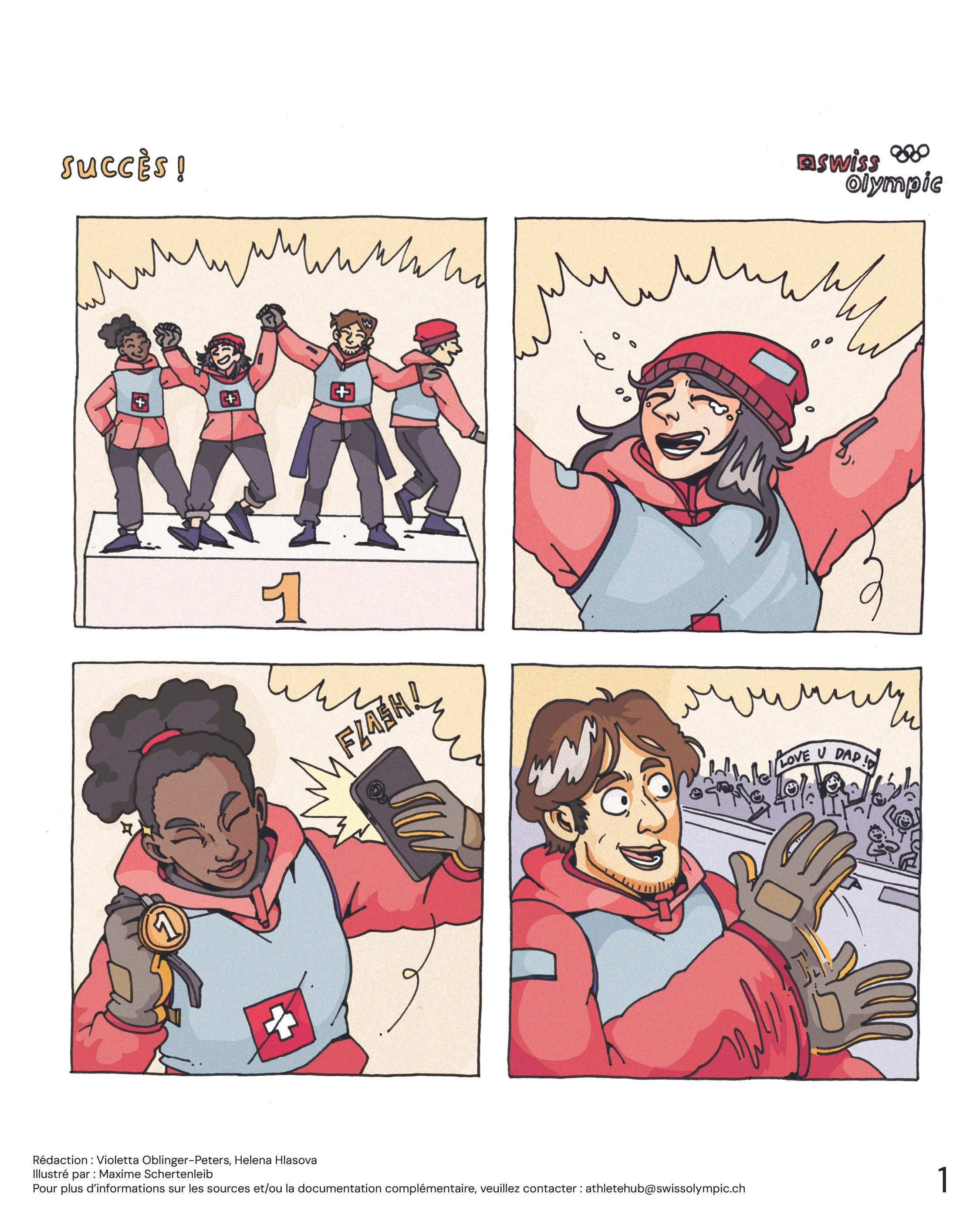 Une bande dessinée montre une équipe olympique suisse remportant une médaille d'or, félicitée par une athlète en pleurs de joie, prenant un selfie, et fan des Jeux Olympiques avec un panneau "Love U Dad".