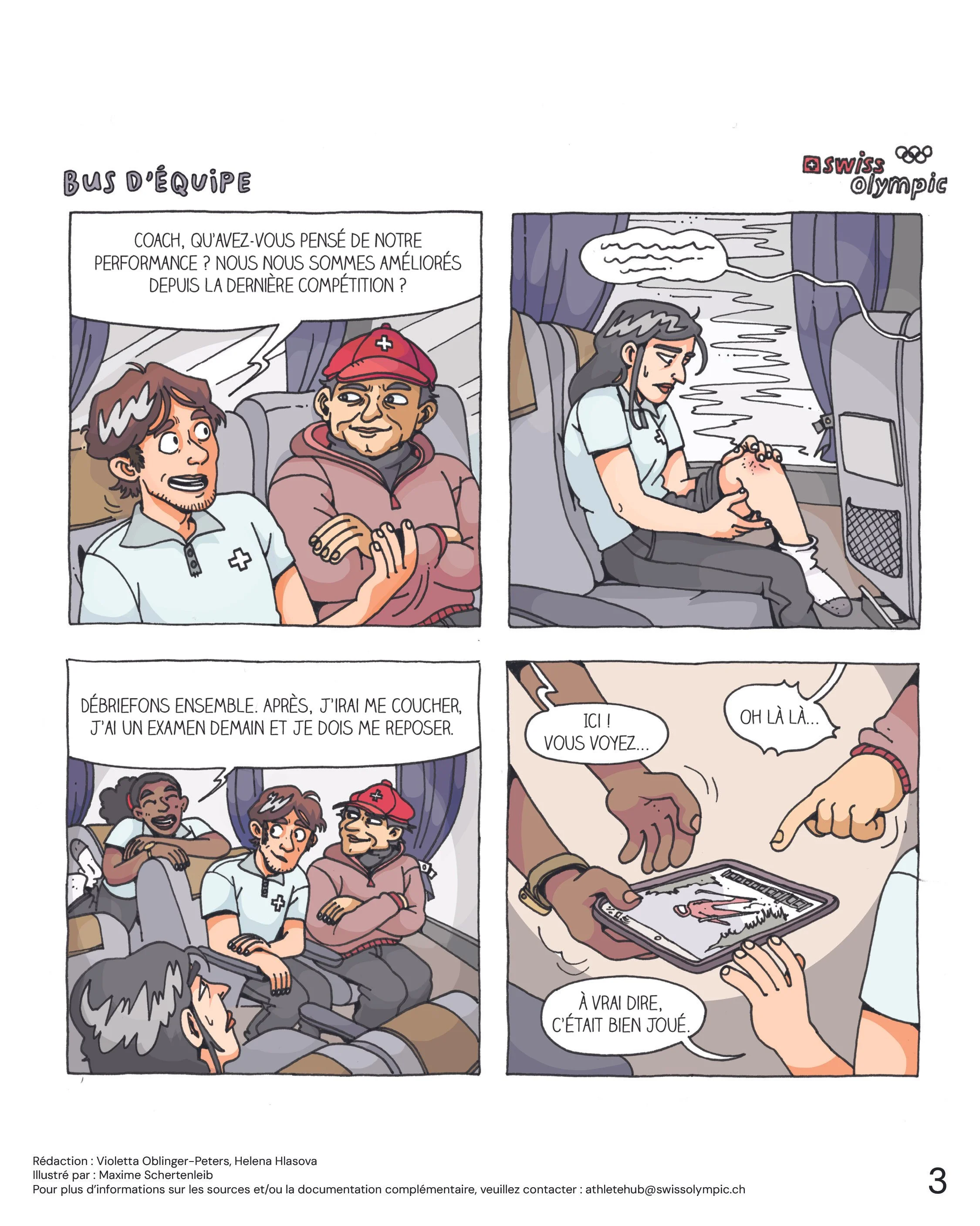 Une bande dessinée montrant un groupe de personnes dans un avion, discutant de leur performance aux Jeux Olympiques, avec une infirmière vérifiant une photo sur une tablette dans un autre panneau.