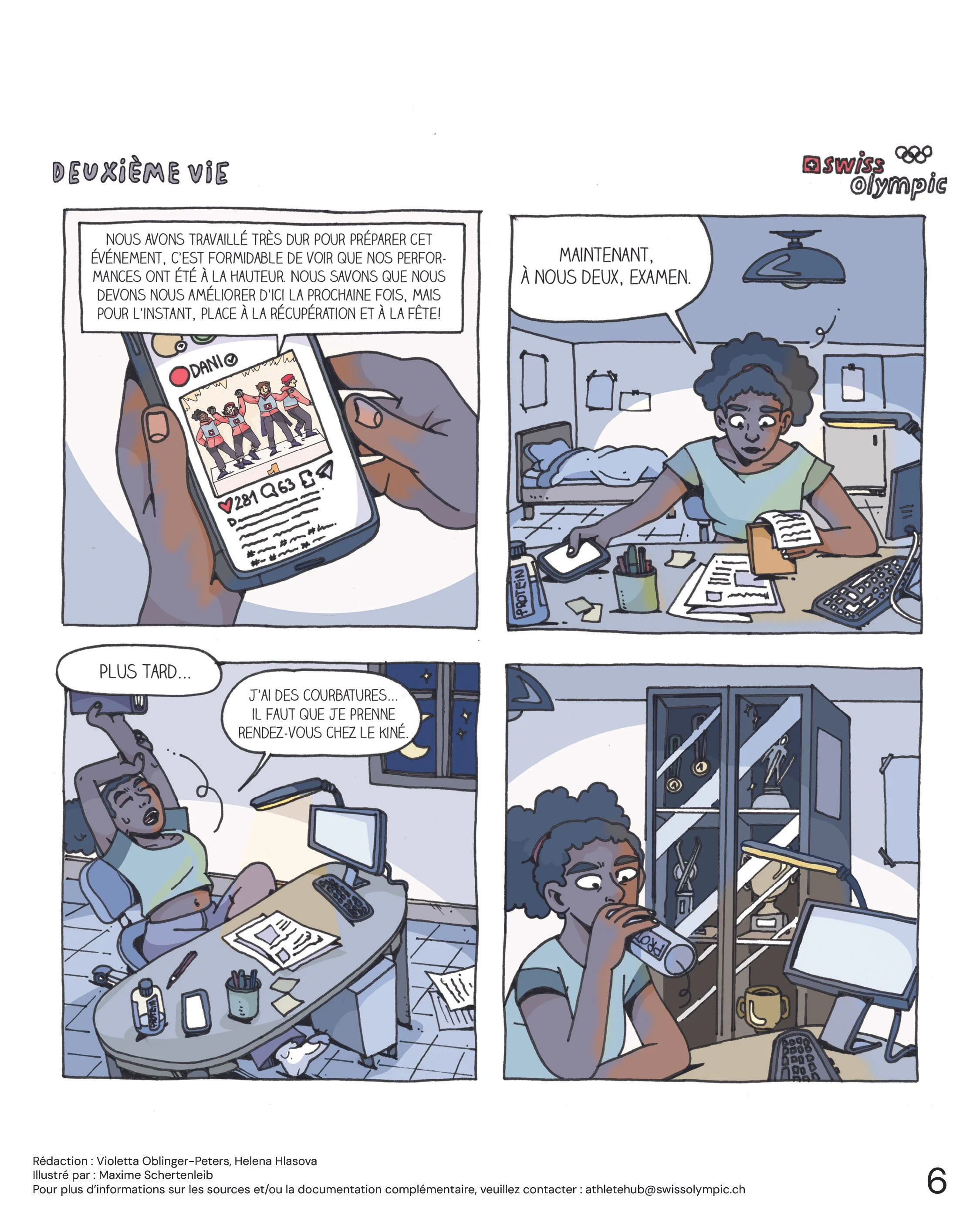 Une bande dessinée montrant une scène de préparation pour les Jeux Olympiques, avec des trois sportifs dans leur chambre, un regardant un téléphone, puis s'étirant, et enfin buvant une boisson dans un gymnase.