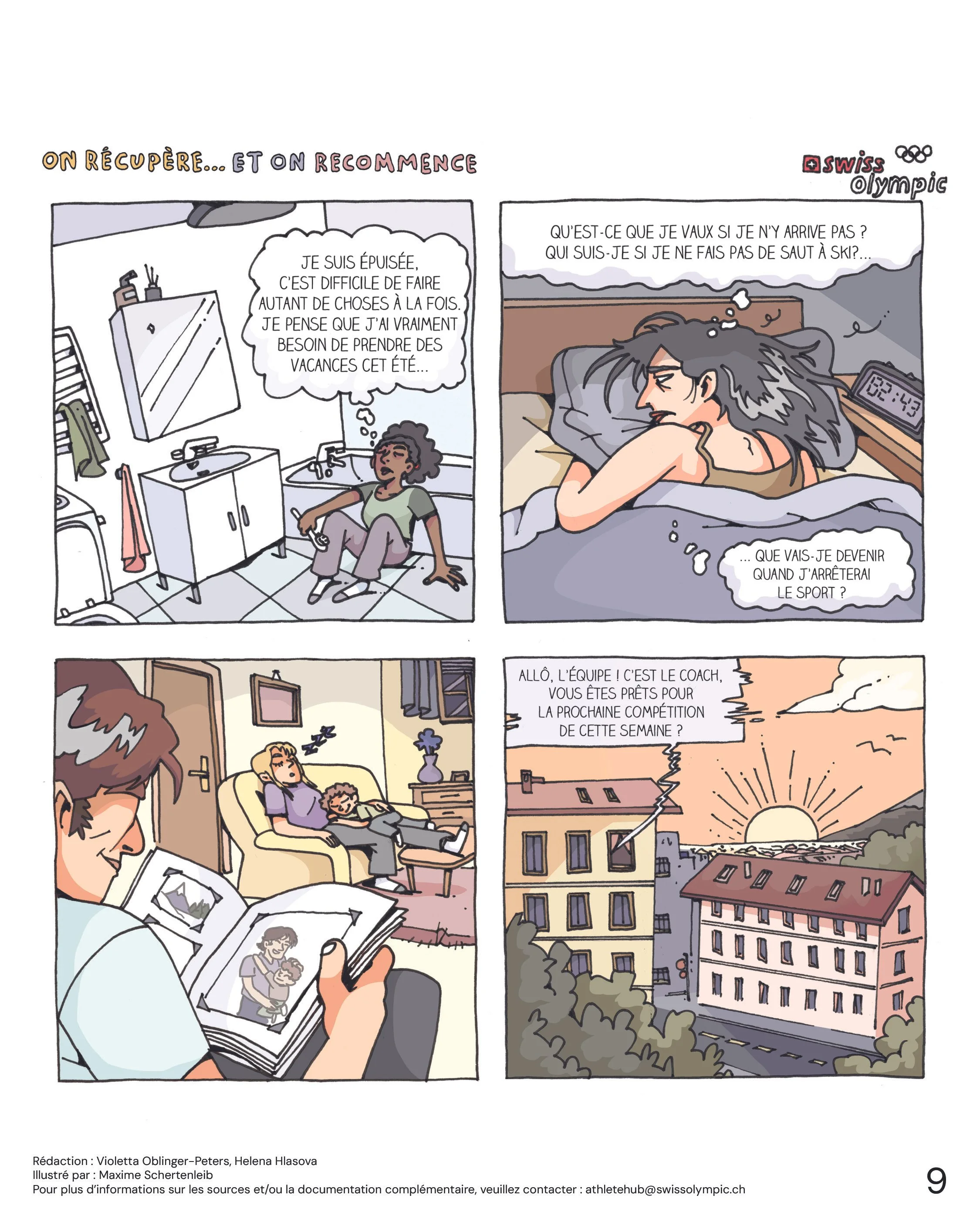 Une bande dessinée montrant une femme fatiguée se demandant si elle pourra arrêter le sport, puis une image de famille heureuse et une vue du coucher du soleil sur la ville avec un bâtiment en premier plan.