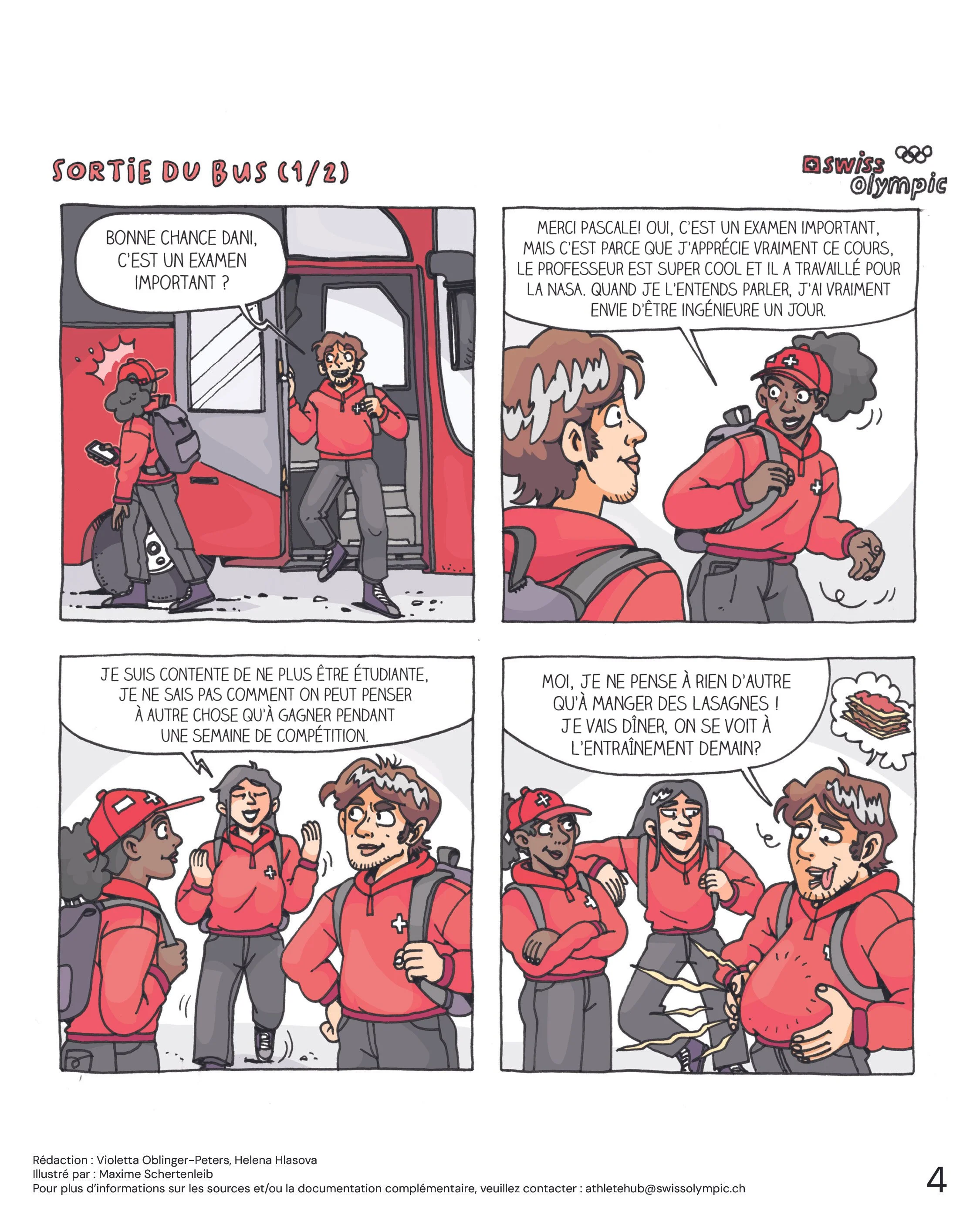 Une bande dessinée montrant deux jeunes femmes en uniforme de secouriste parlant à un garçon à l'arrêt de bus, puis deux autres jeunes femmes parlant dans un camp d'entraînement, avec des dialogues en français sur les examens, la compétition et l'ali