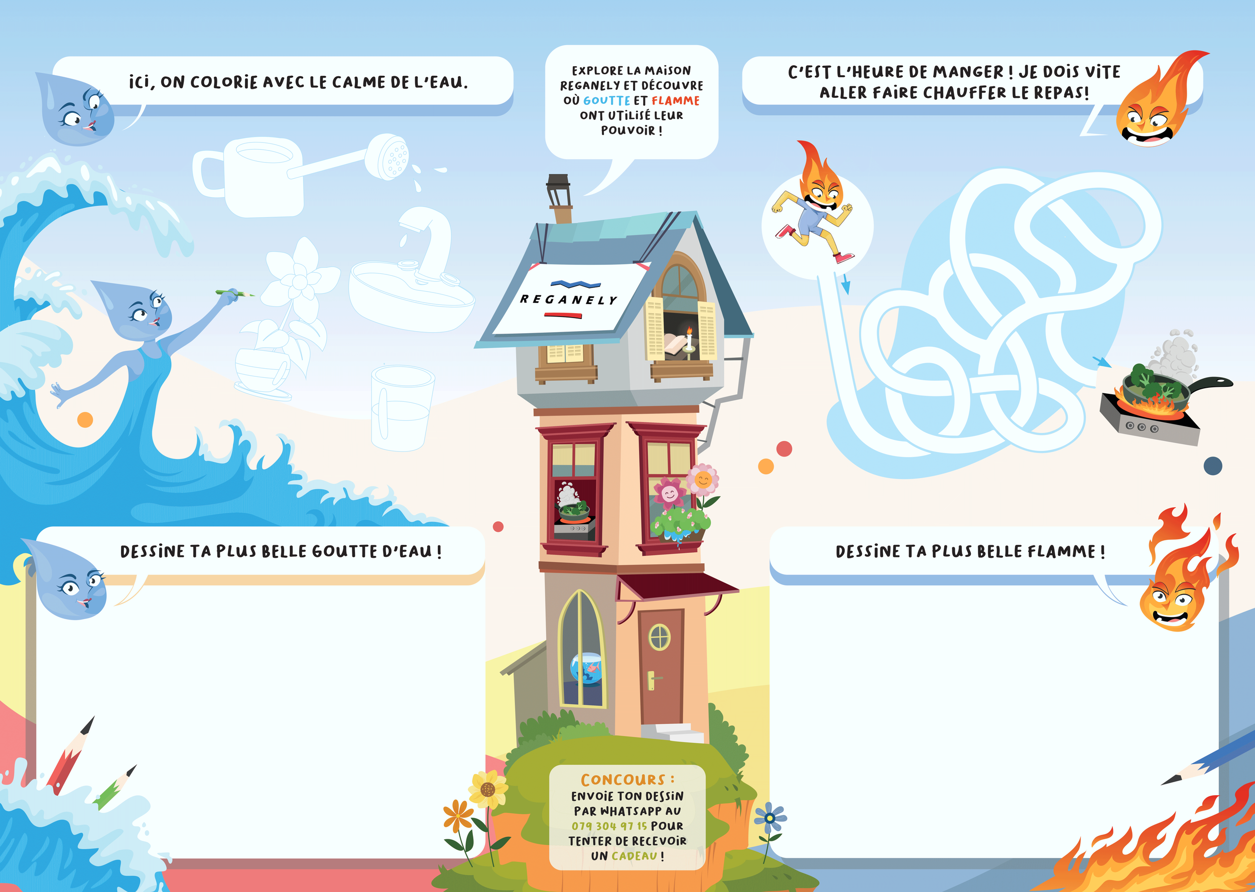 Un dessin animé d'une maison avec deux personnages, une goutte d'eau et une flamme, invitant à colorier et à dessiner la plus belle goutte d'eau et la plus belle flamme.