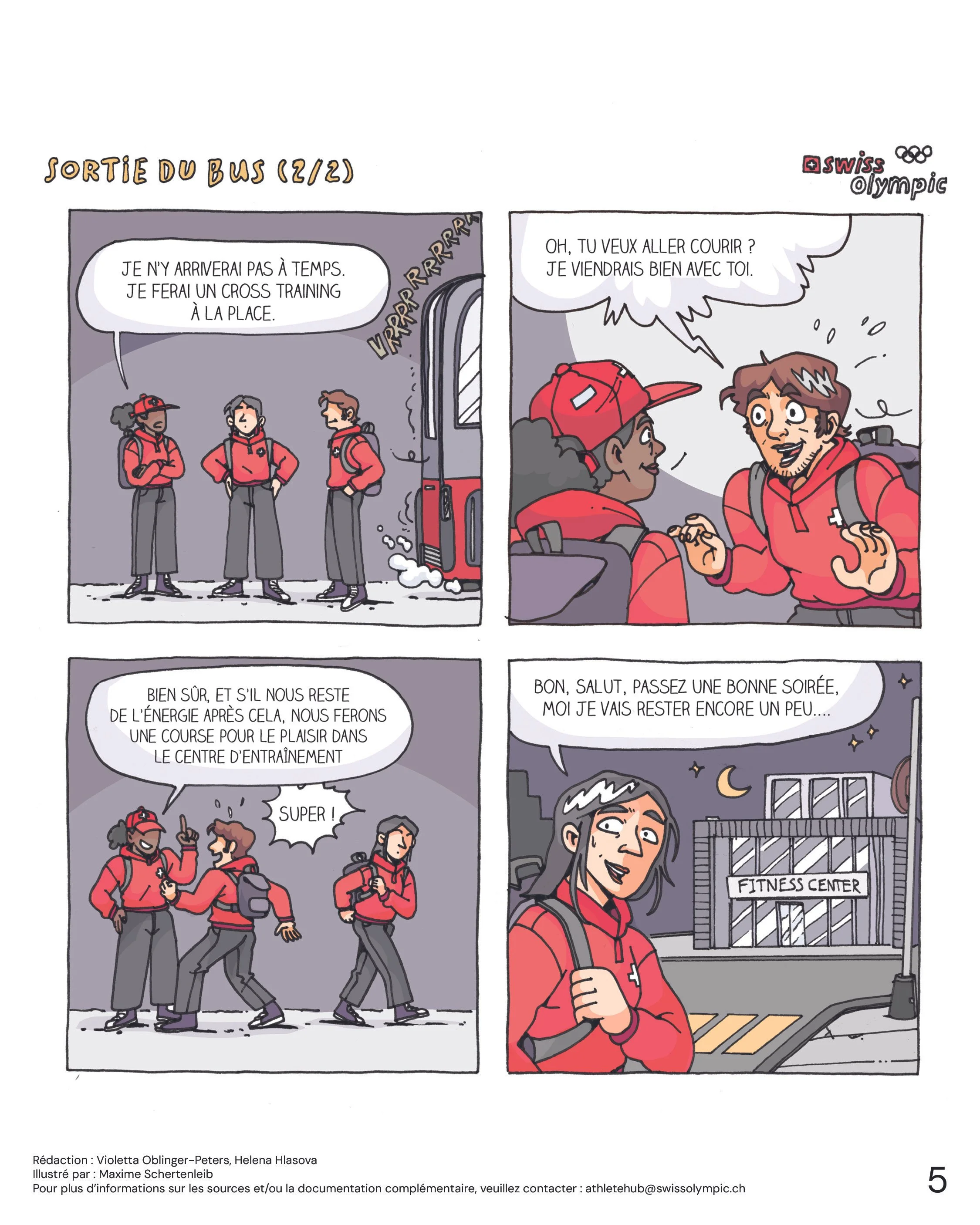Une bande dessinée illustrant deux scènes avec des personnes en tenue de sport rouge, se préparant pour une activité au centre d'entraînement. La première scène montre des personnes discutant avant un entraînement, la seconde scène montre une personn