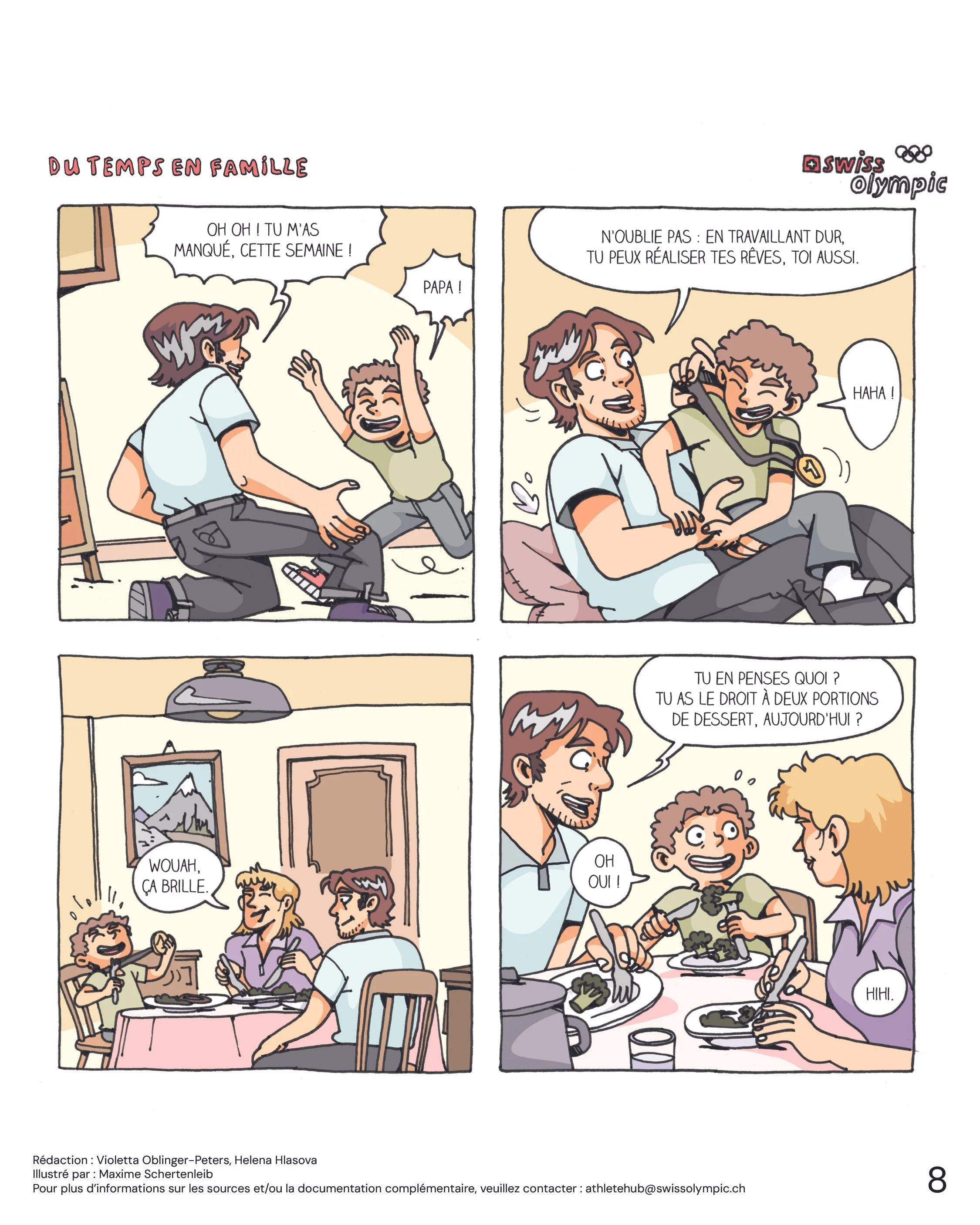 Une famille en train de partager un repas et de regarder des photos de leurs activités de sport et de famille.