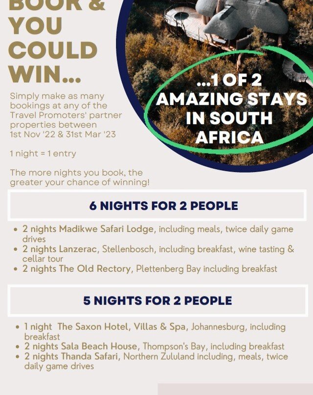 It's competition time ! 
#Book2Win #travelpromotersUK #southafrica #6nightsluxury #5nightsluxury #travelcompetition
We have not one, but two stays in South Africa to give away to 2 luxury Travel Industry partners. #supportingtravel