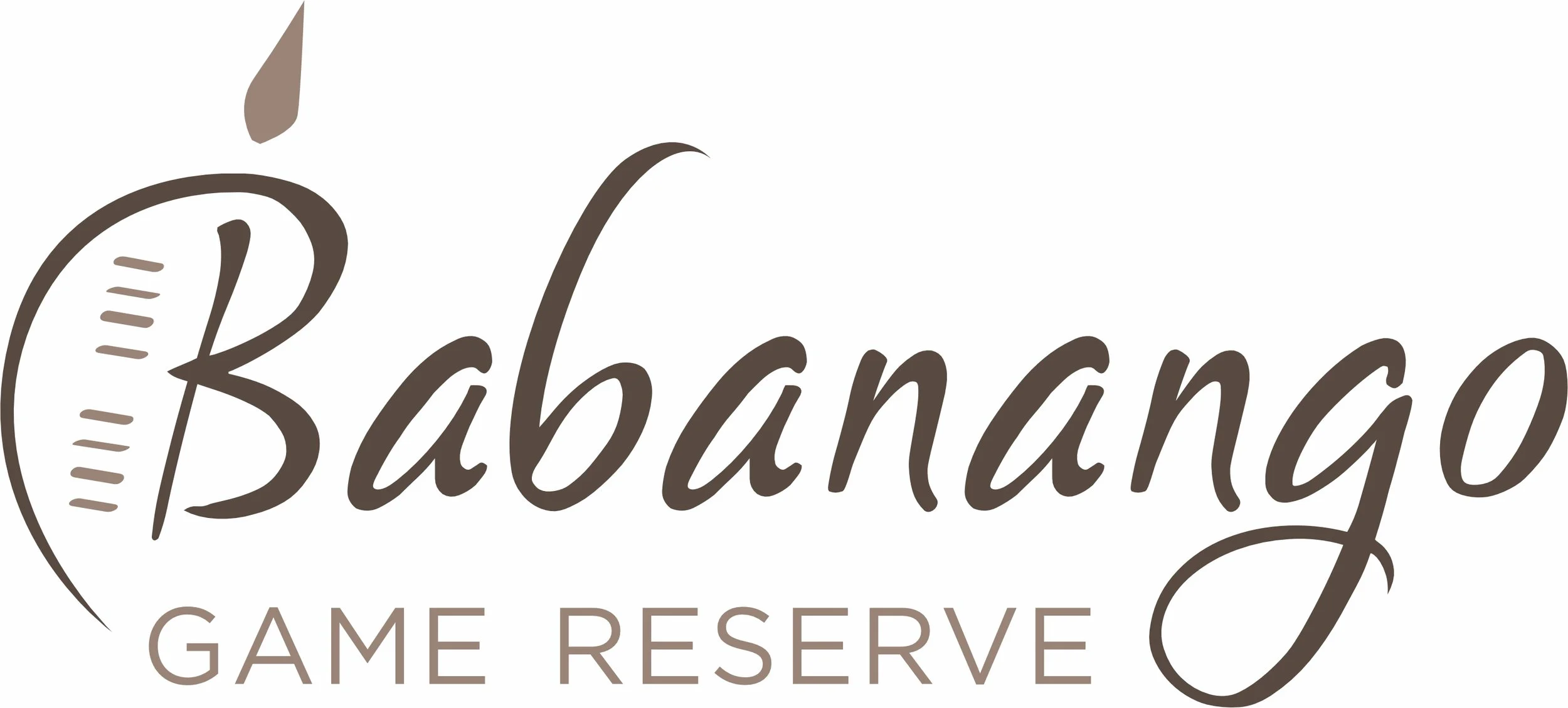 Logo for Babango Game Reserve with stylized text and a graphic of a speech bubble with a feather.