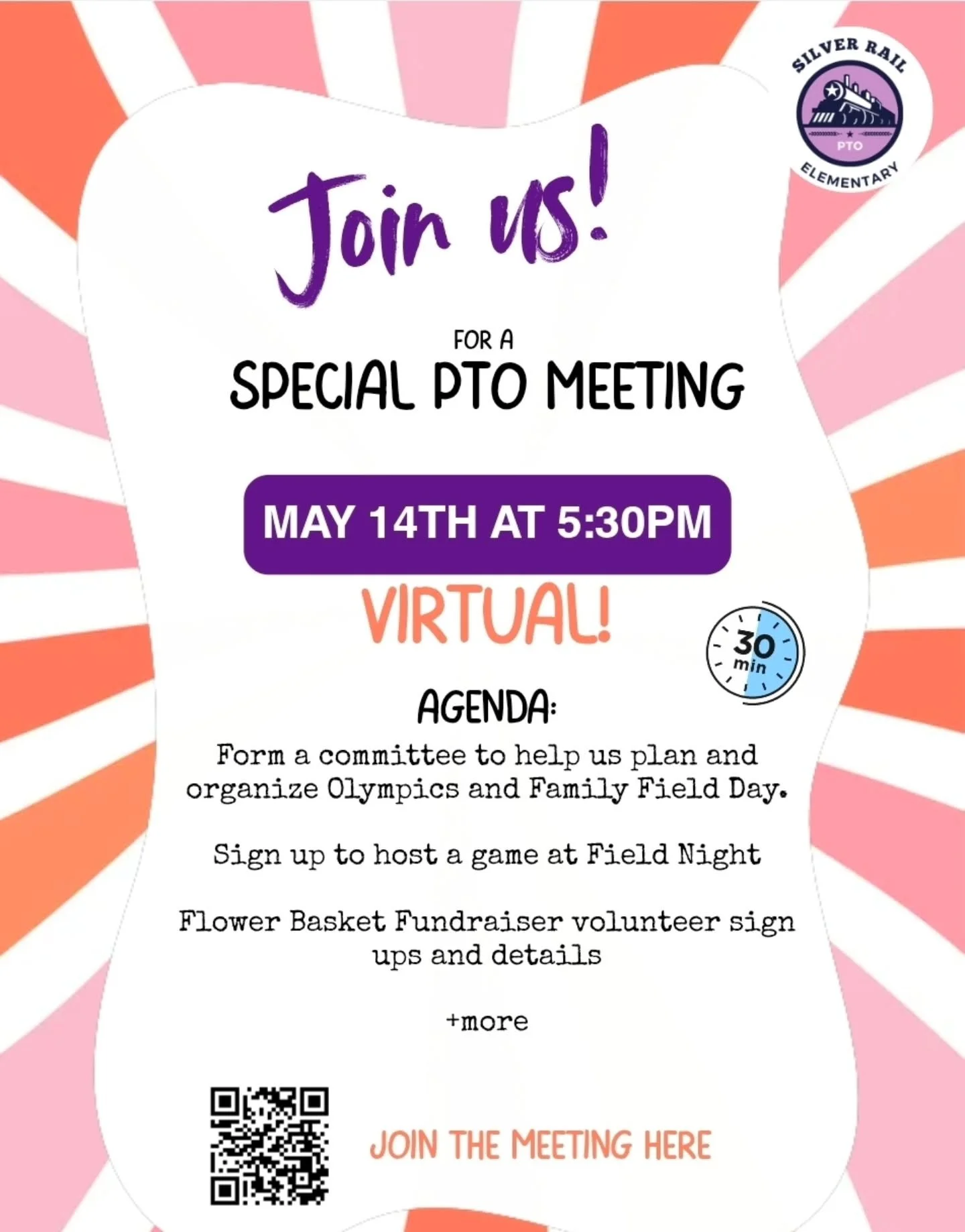 VIRTUAL PTO meeting tonight!! 
We are trying out a virtual meeting and will keep it short and sweet! Please join us online tonight by scanning the QR code or visit the link in our stories.