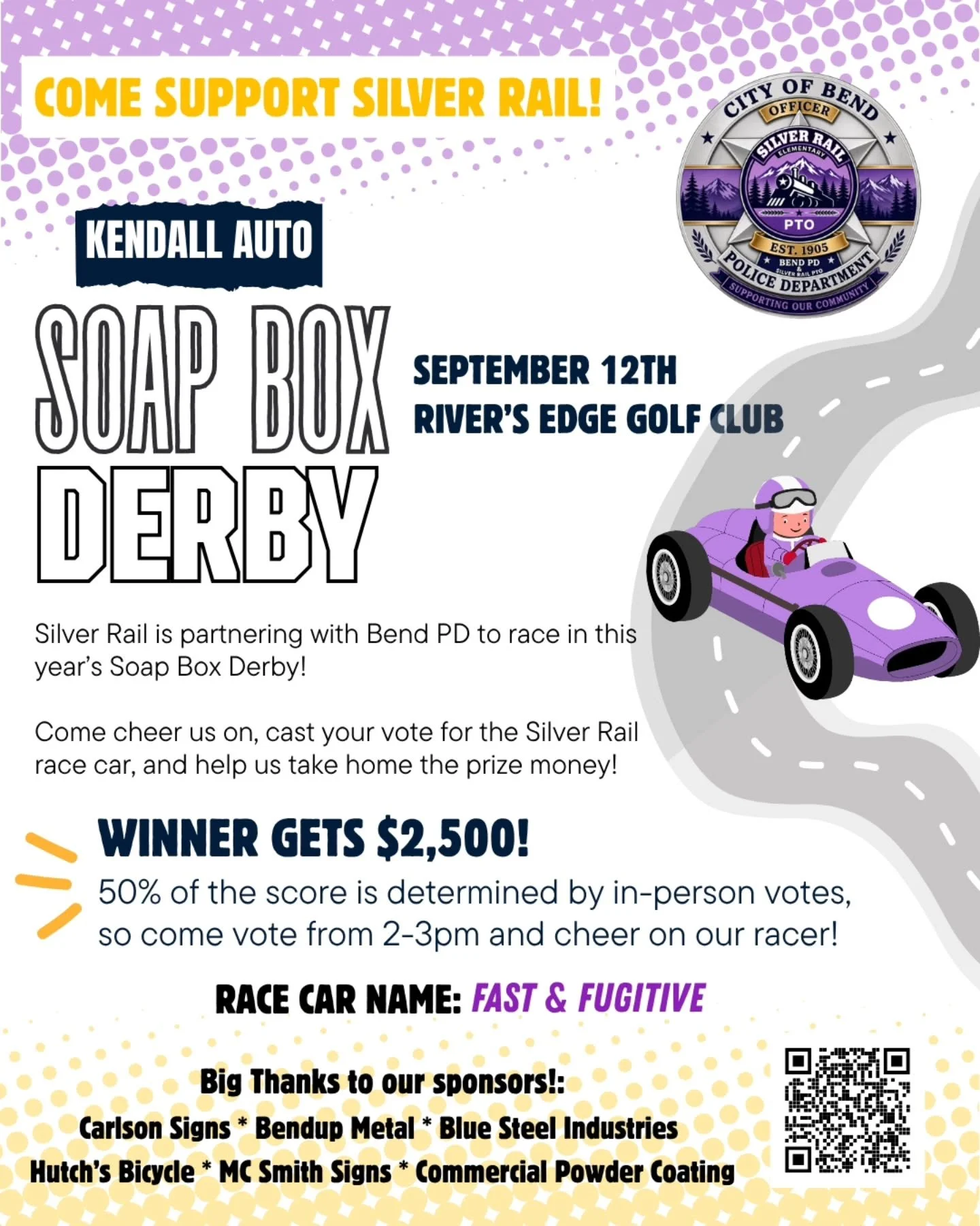 Silver Rail is hitting the track with our&nbsp;Soap Box Derby car! SRE along with Bend PD is racing "Fast &amp; Fugitive" and we could win&nbsp;$2,500! But we need YOUR votes to make it happen!

📅&nbsp;September 12
📍&nbsp;River&rsquo;s Ed