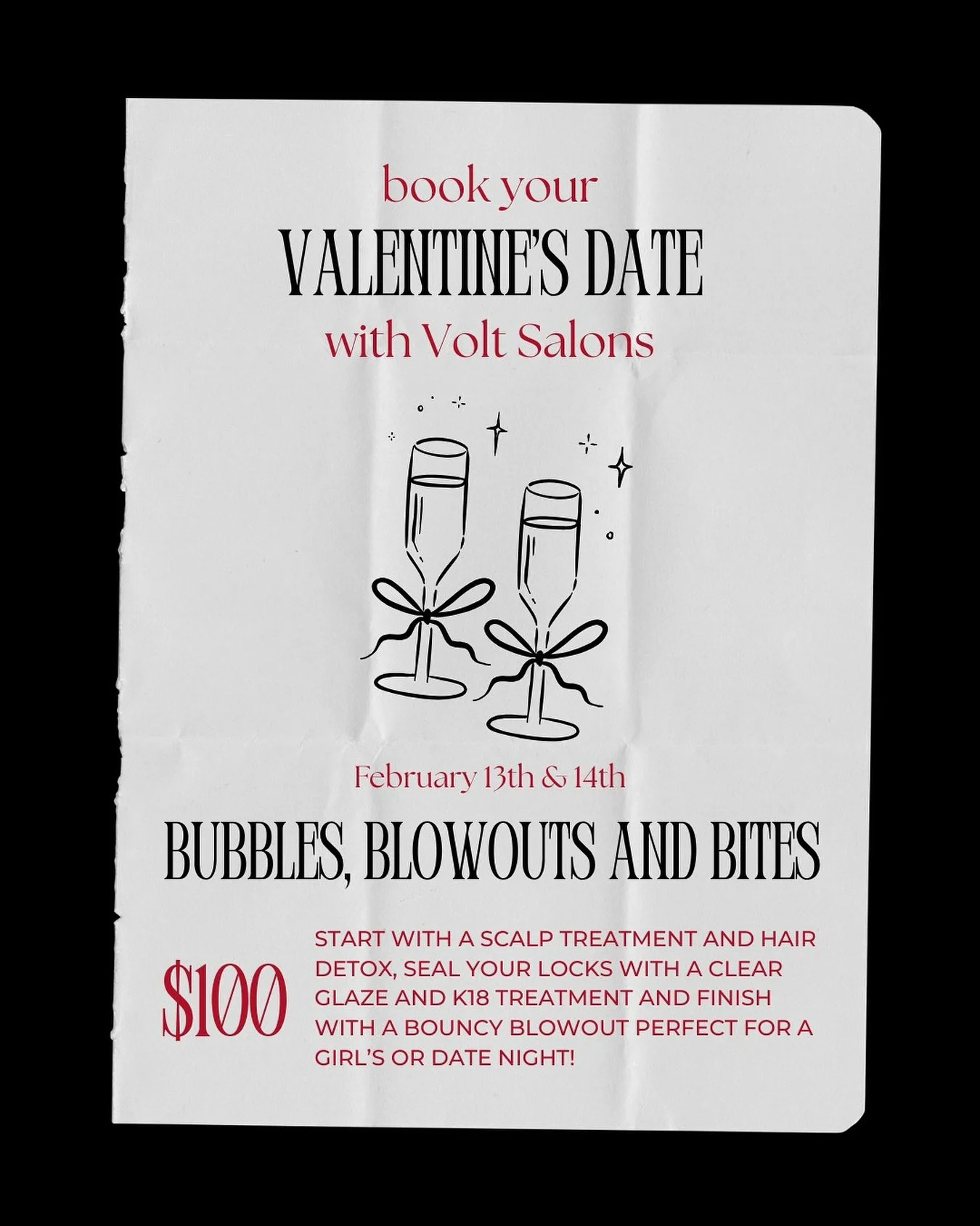 Book your Valentine&rsquo;s Date with Volt Salons <3

✨ $100 luxury blowout experience✨

date night 🤝 girls night 🤝 self love

MAIN: 02/13 &amp; 02/14
71: 02/14

can&rsquo;t wait to see you there 💌😉