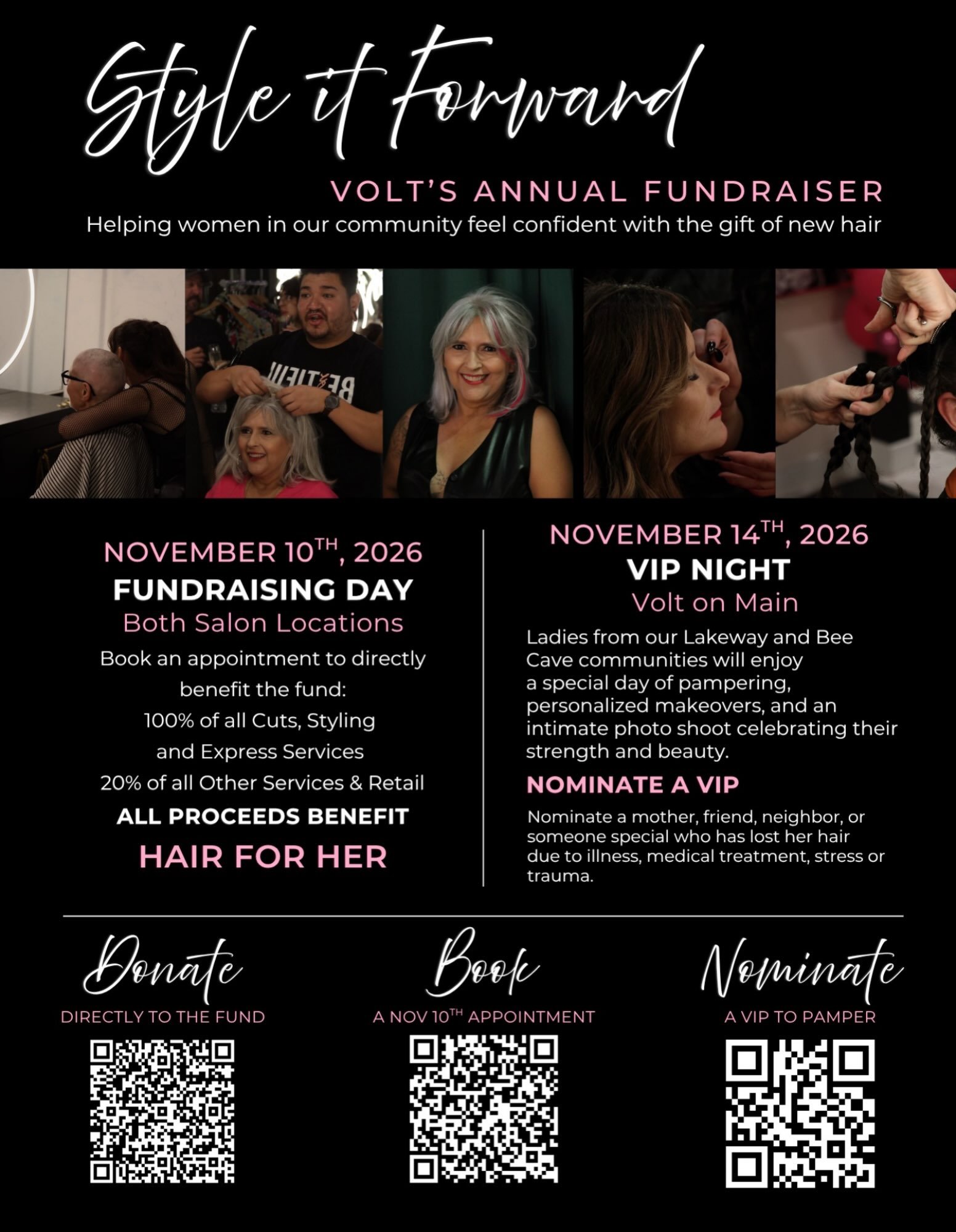 At Volt Salon, we believe every woman deserves to feel beautiful, confident, and empowered. 💗

Our biggest event of the year is almost here! Style It Forward, our annual fundraiser benefiting Hair for Her, is all about giving back to women in our co