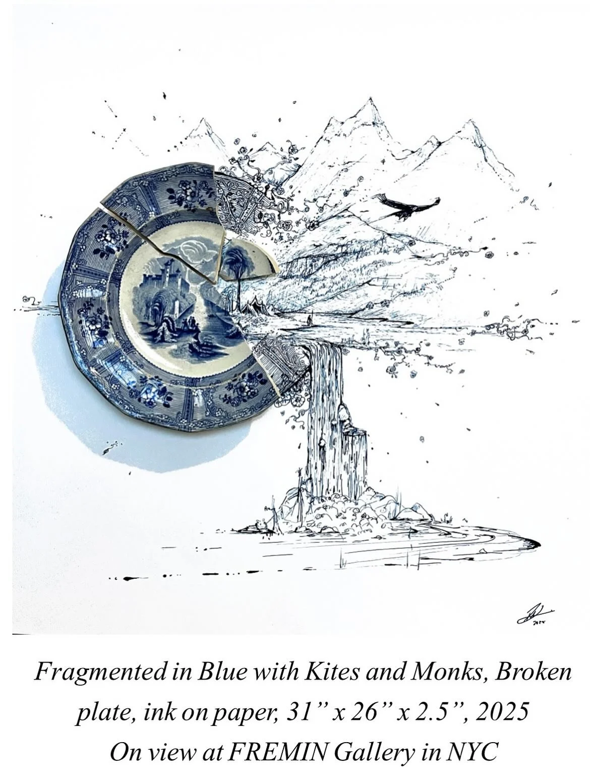It was still pretty “deep pandemic” on January 6, 2021. (Yes, that January 6th.) Rob started drawing the rest of the plate I’d recently broken, the Blue Willow plate that had belonged to my mother. I’d started working on Motio