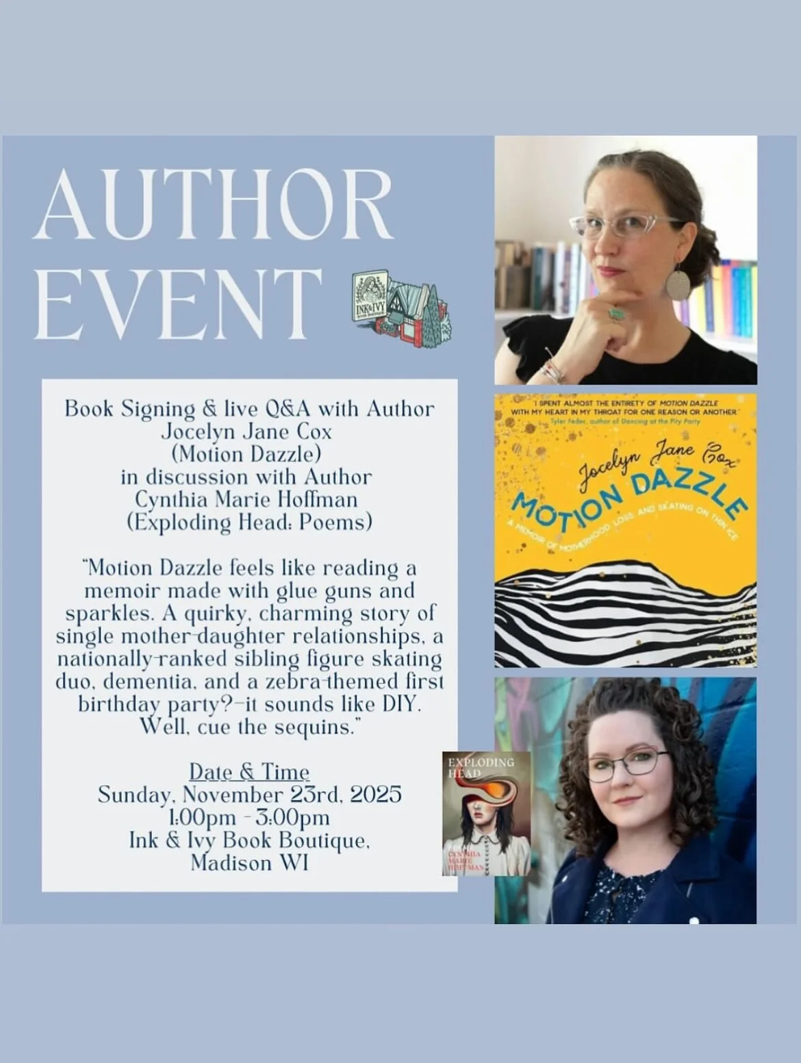 I am thrilled and honored to be in conversation with the amazing and multi-talented writer @cynthiamariehoffman at the mother / daughter owned bookstore in Madison @inkandivybookboutique : Sunday, November 23rd 1-3pm!