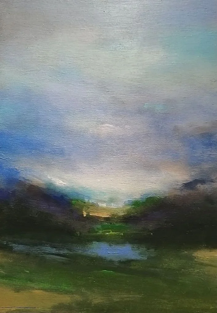 Landscape acrylic painting of a late afternoon sun setting on the horizon, orange clouds in a blue sky and light and dark shadows in the foreground.