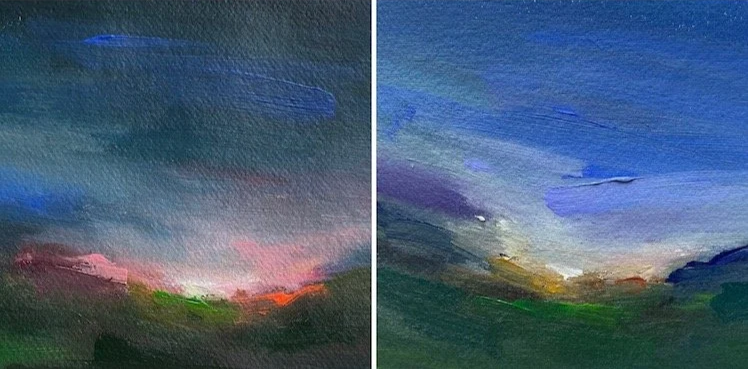 Two close up paintings showing the colours and the spontaneous brushstrokes