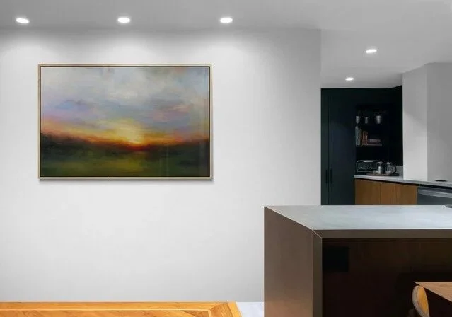 Impressionist canvas art hanging on wall of modern kitchen