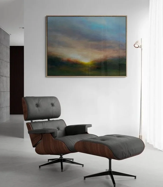 Daybreak Shadows large impressionist green, peach and blue sunrise canvas painting for sale over declining chair and floor lamp