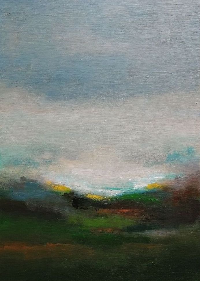 Landscape acrylic painting of a glowing sunset raising into the sky filled with pink clouds and light and dark shadows in the foreground.