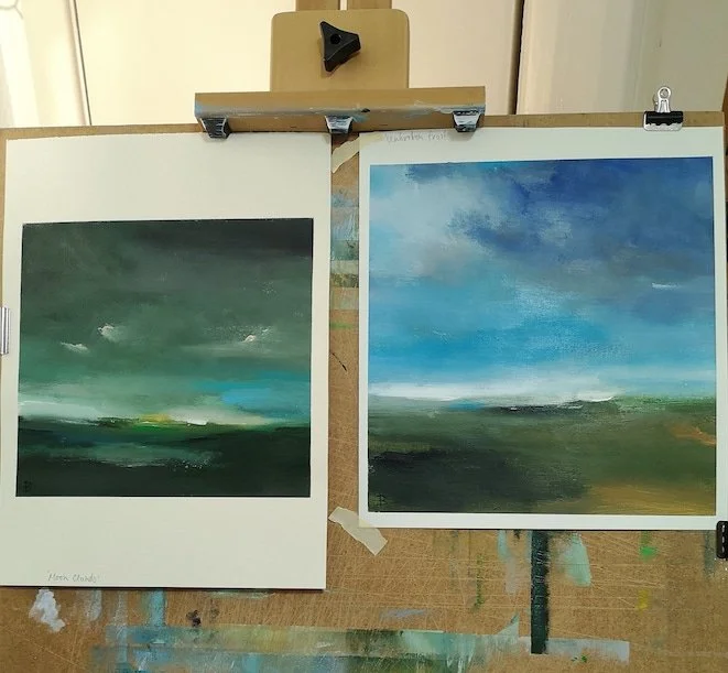 Landscape paintings on paper by mary burtenshaw_in the studio.JPEG