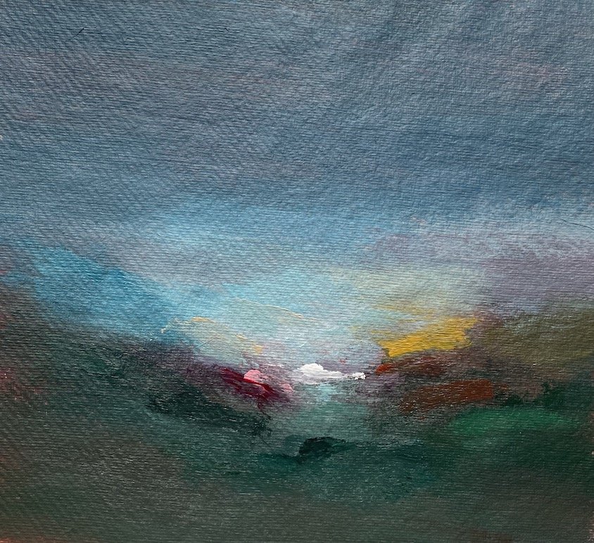 Acrylic landscape painting on paper by mary burtenshaw_melting dusk.JPG