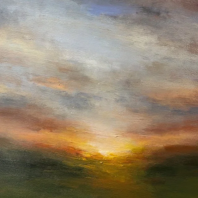 Molten Sunrise, an original impressionist sunrise acrylic painting with abstract brushstrokes and a blended sky