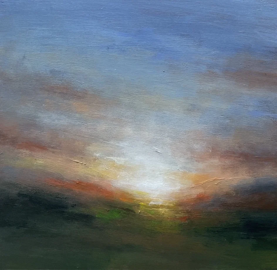 Landscape acrylic painting on wood of a dawn light breaking on the horizon, dark red clouds raising into a blue sky and a dark foreground. 