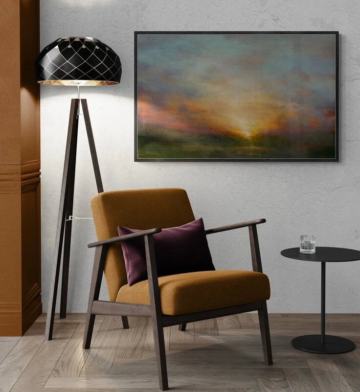 Daybreak Muse impressionist sunrise painting styled over a living room armchair and floor lamp