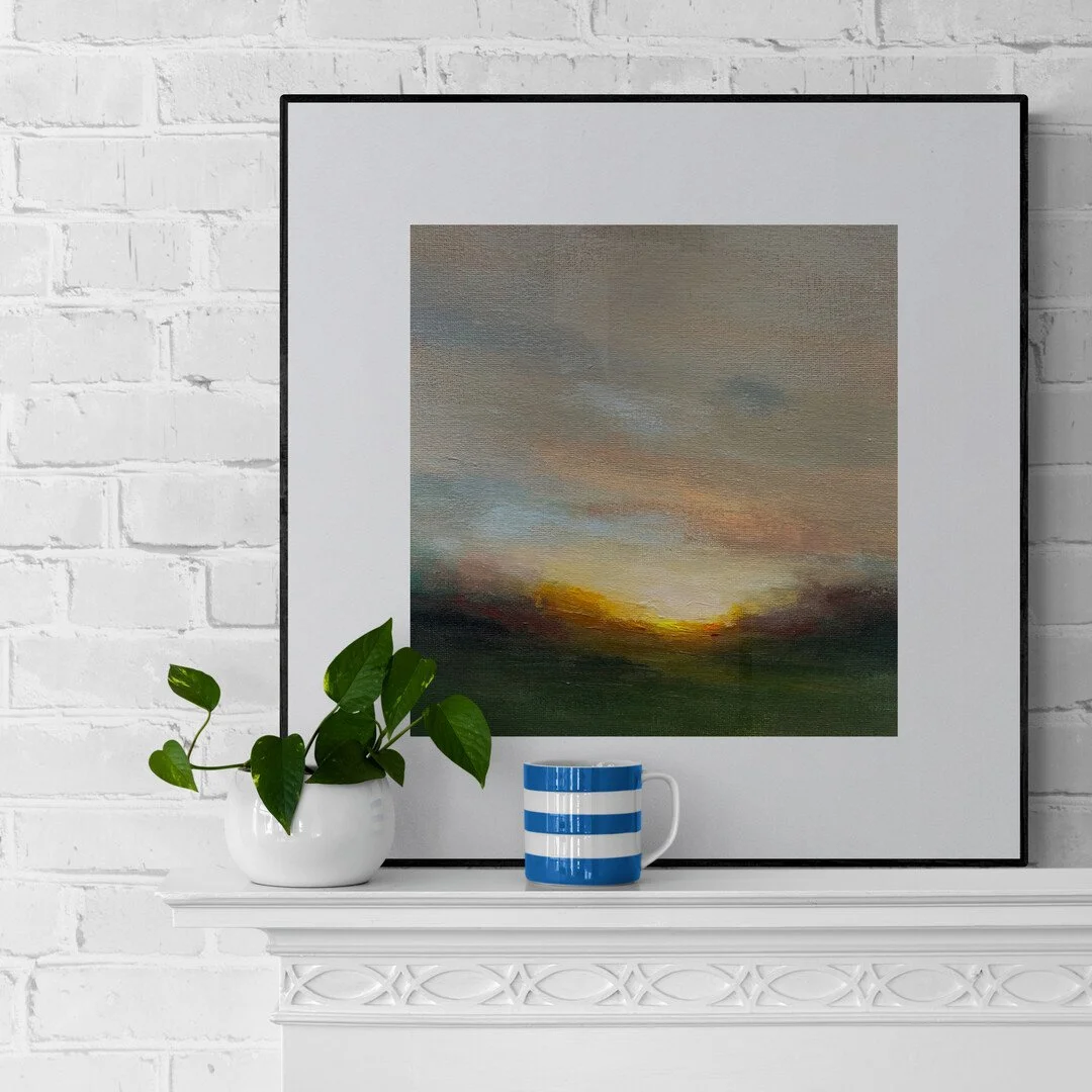 Summer's Kiss original abstract landscape acrylic painting 21 x 23 cm with white mount framed styled on a mantlepiece by Mary Burtenshaw