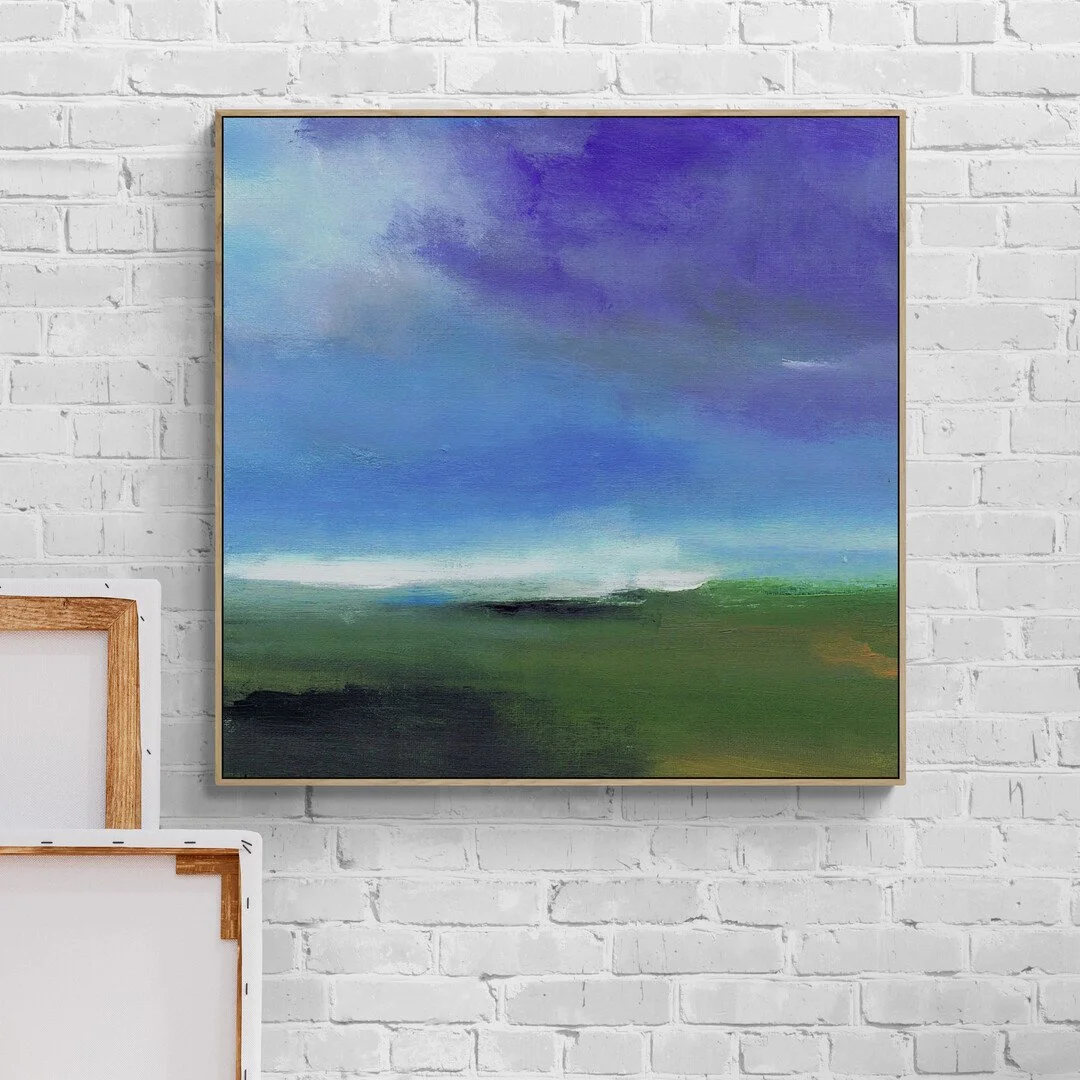 Blue Mist abstract landscape painting on paper by Mary Burtenshaw