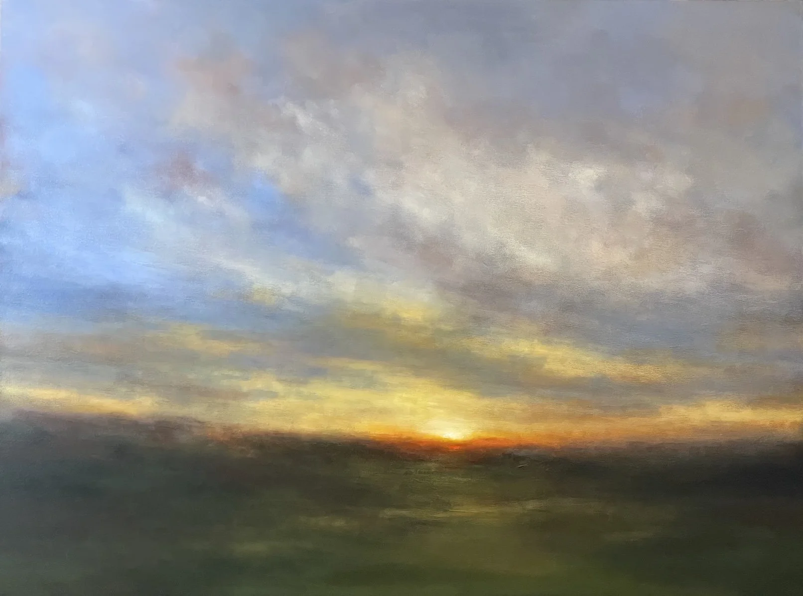 Twilight Drift  Impressionist Landscape Painting with touches of pink on the horizon and an atmospheric glow in the sky by Mary Burtenshaw