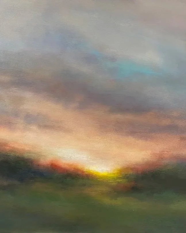 Daybreak Shadows close up of atmospheric landscape painting by Mary Burtenshaw