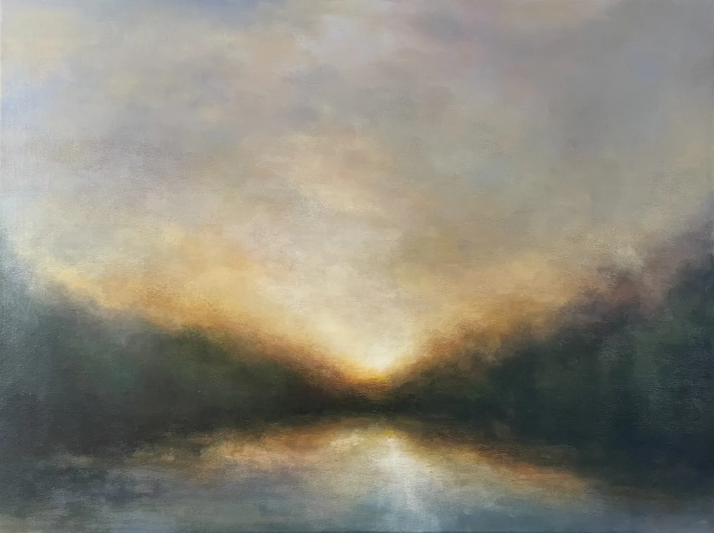 Enchanting River  Impressionist Sunset River Scene Painting with touches of oranges on the horizon and an atmospheric glow in the sky by Mary Burtenshaw