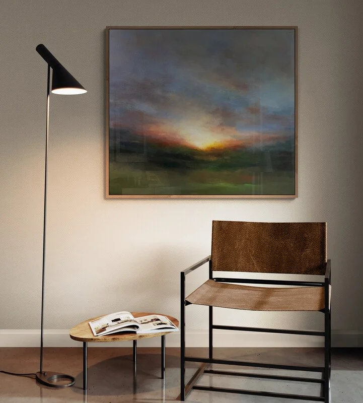 Large impressionist blue and green sunlit landscape canvas painting for sale over chair and floor lamp