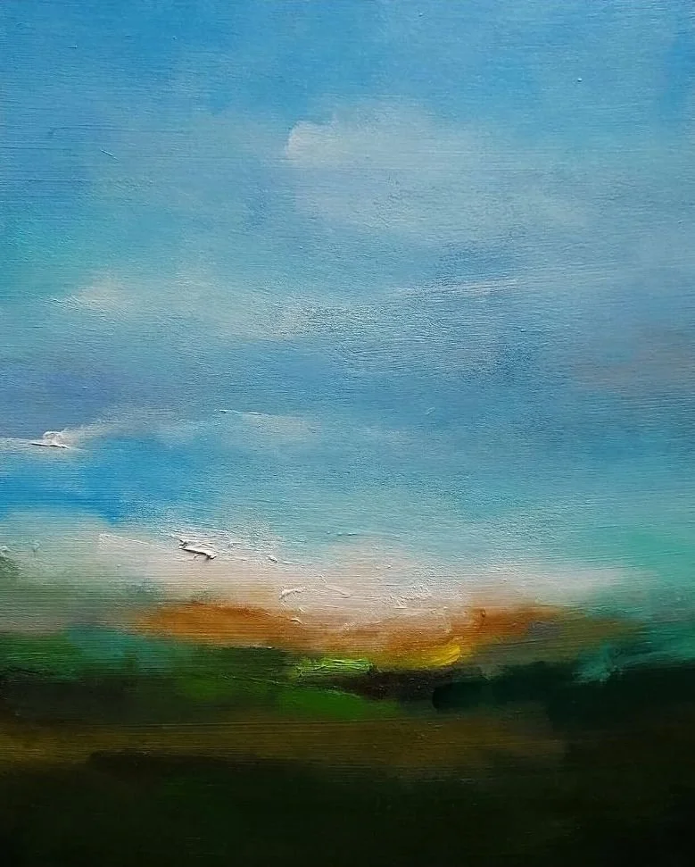 Landscape acrylic painting of a dawn sun breaking over the horizon, blue sky with pink clouds and shadows in the foreground.
