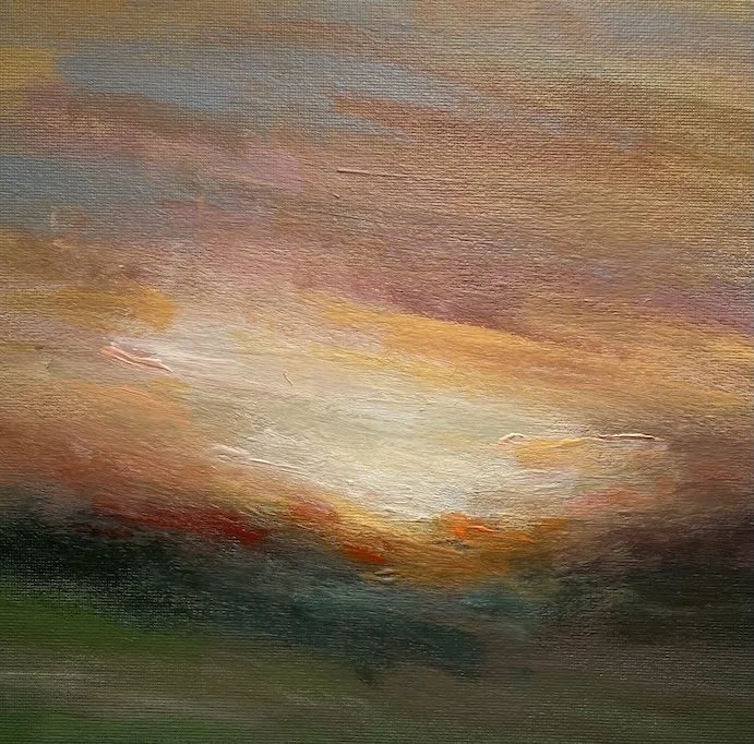 Landscape acrylic painting of a setting sunset with dark foreground and shadows and lots of orange tones  in the sky.