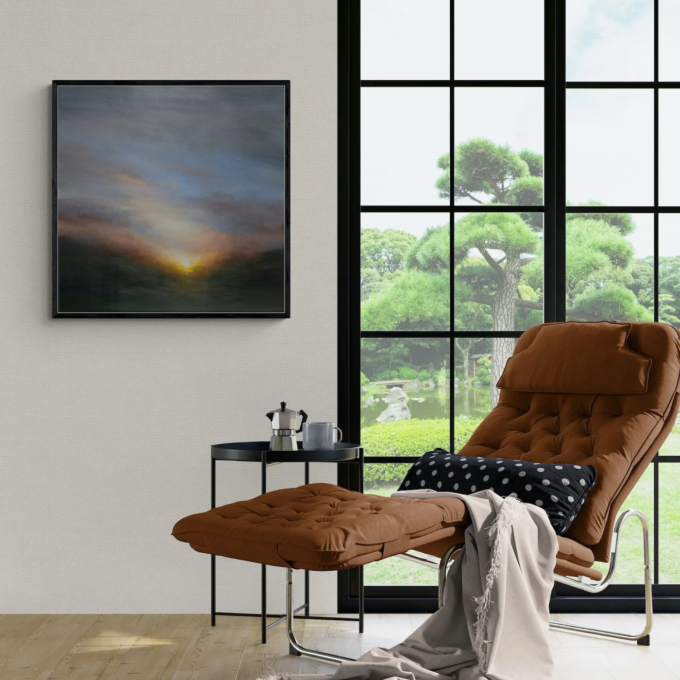 Twilight Ebb Moody Impressionist Landscape Painting on the wall above a chase long chair